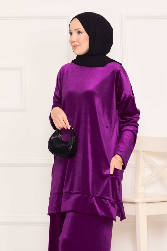 Costume deux pièces en velours avec poches, prune