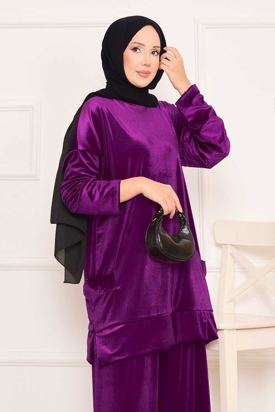 Velvet Two Piece Suit with Pocket Detail, Plum