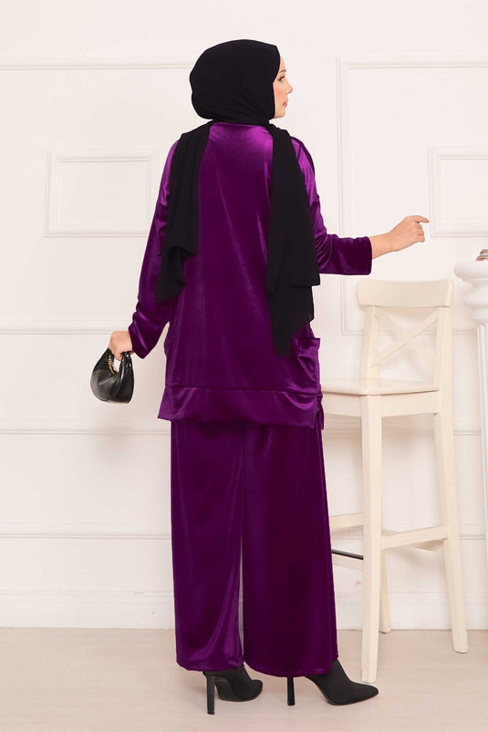 Velvet Two Piece Suit with Pocket Detail, Plum
