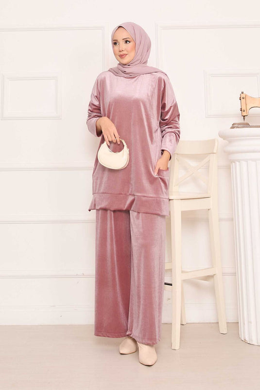 Velvet Two Piece Suit with Pocket Detail Powder