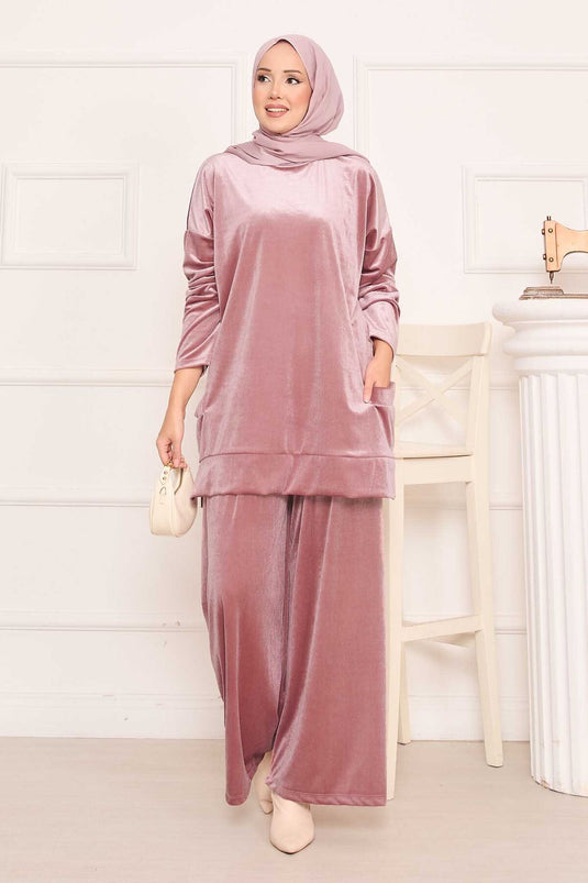 Velvet Two Piece Suit with Pocket Detail Powder