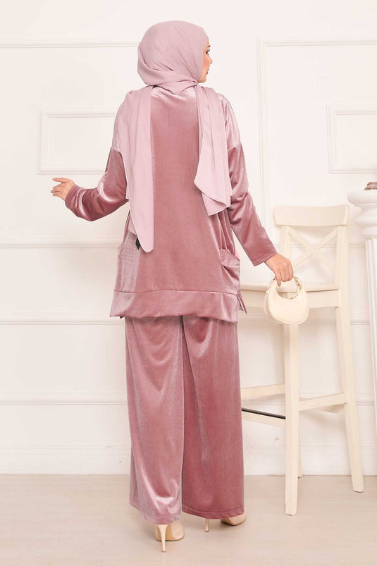 Velvet Two Piece Suit with Pocket Detail Powder