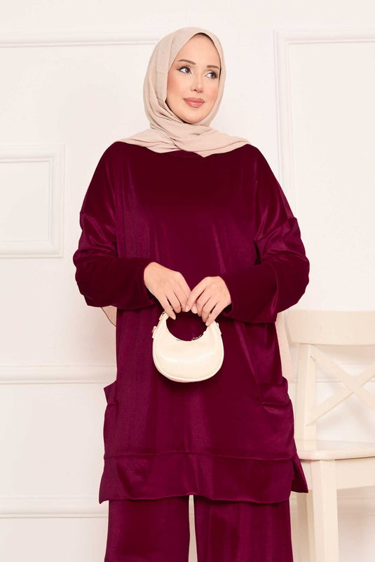 Velvet Two Piece Suit with Pocket Detail