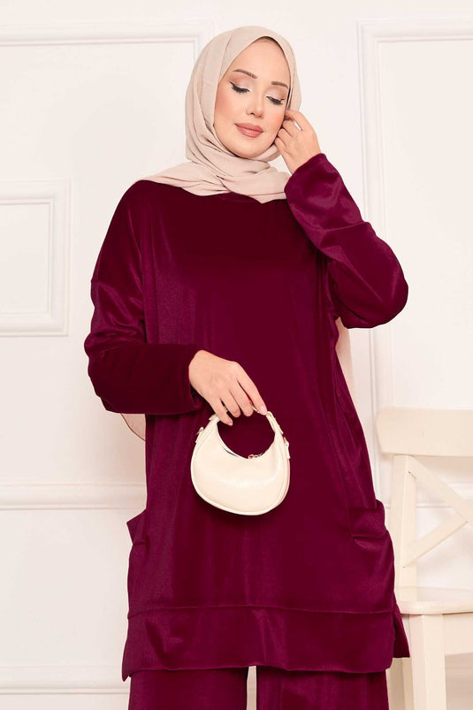 Costume deux pièces en velours avec détails de poche