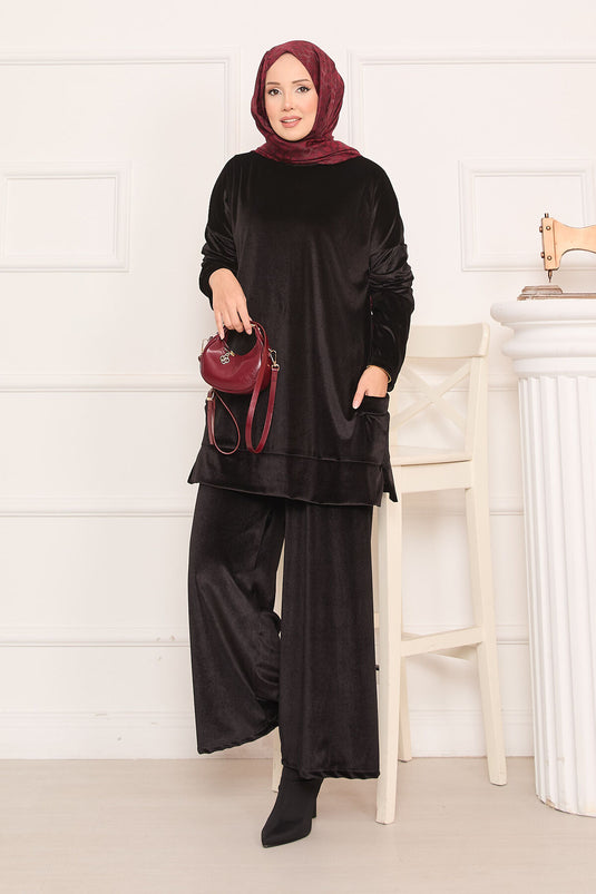 Velvet Two Piece Suit with Pocket Detail, Black