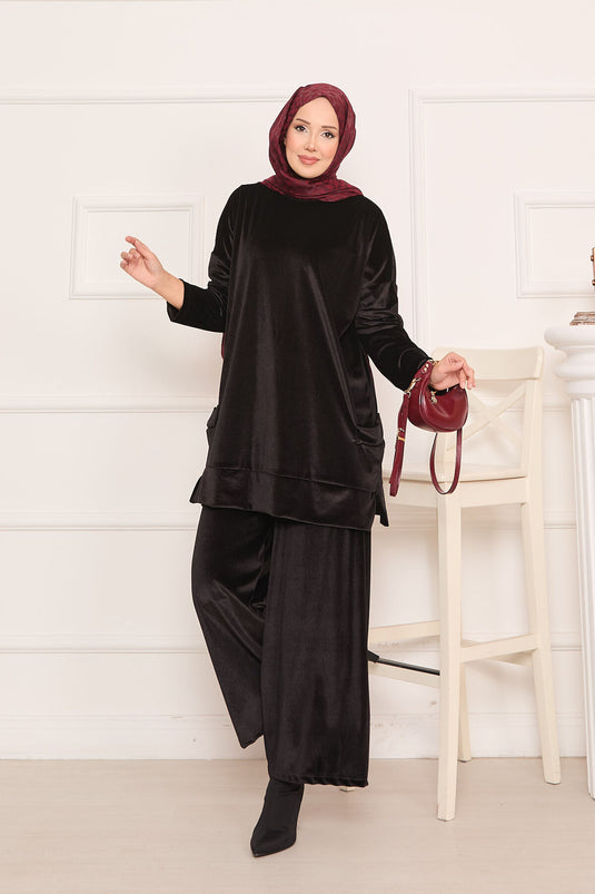 Velvet Two Piece Suit with Pocket Detail, Black