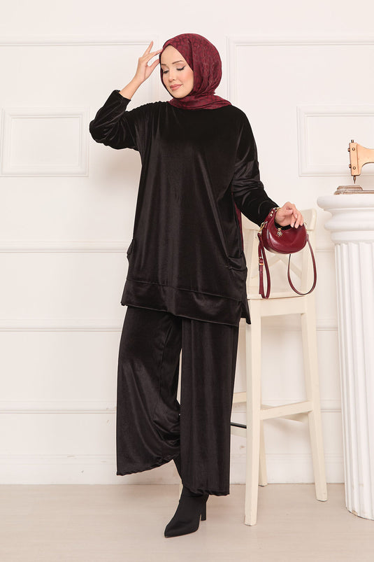 Velvet Two Piece Suit with Pocket Detail, Black