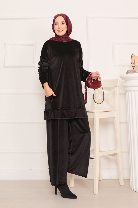 Velvet Two Piece Suit with Pocket Detail, Black