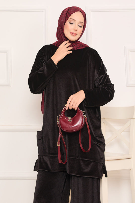 Velvet Two Piece Suit with Pocket Detail, Black