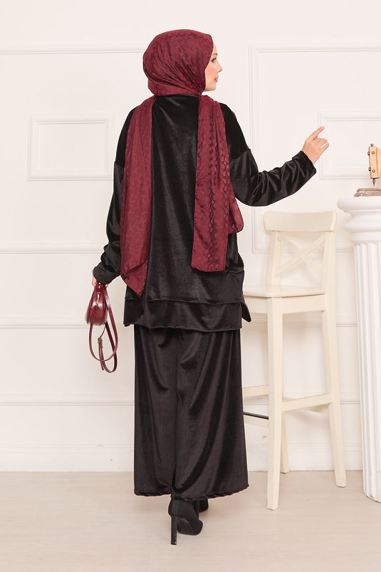 Velvet Two Piece Suit with Pocket Detail, Black