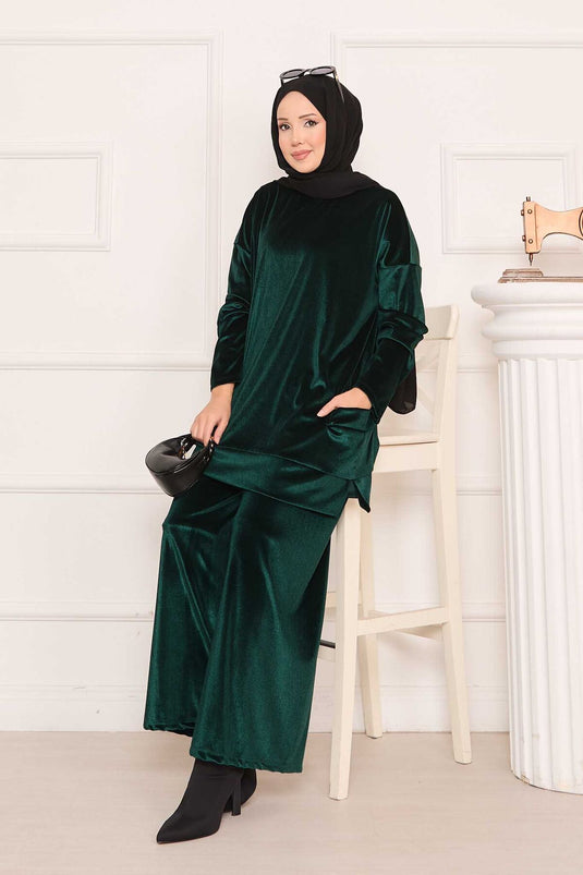 Velvet Two-Piece Suit with Pocket Detail Emerald