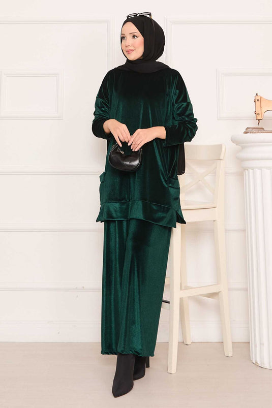 Costume deux pièces en velours avec poches Émeraude