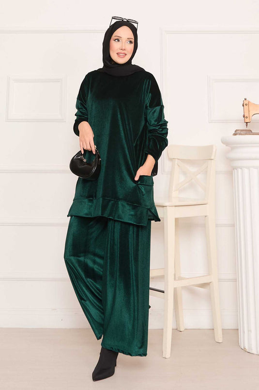 Velvet Two-Piece Suit with Pocket Detail Emerald