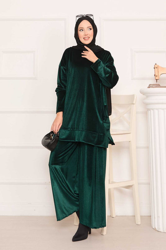 Velvet Two-Piece Suit with Pocket Detail Emerald