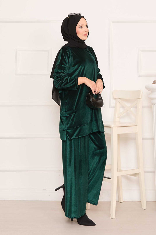 Velvet Two-Piece Suit with Pocket Detail Emerald
