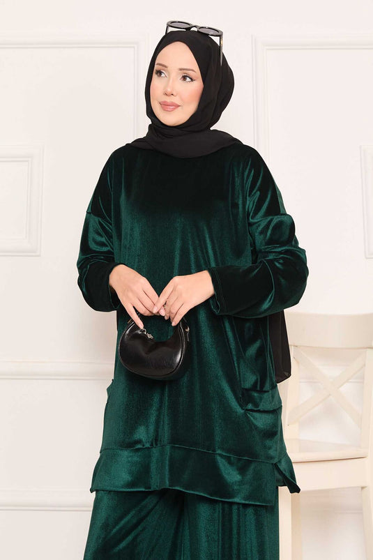 Velvet Two-Piece Suit with Pocket Detail Emerald
