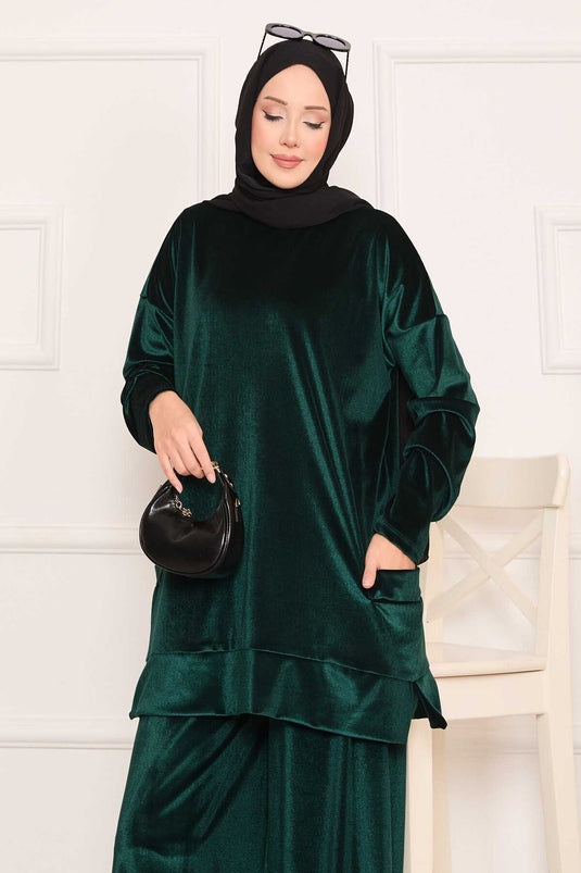 Costume deux pièces en velours avec poches Émeraude