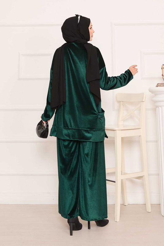 Velvet Two-Piece Suit with Pocket Detail Emerald