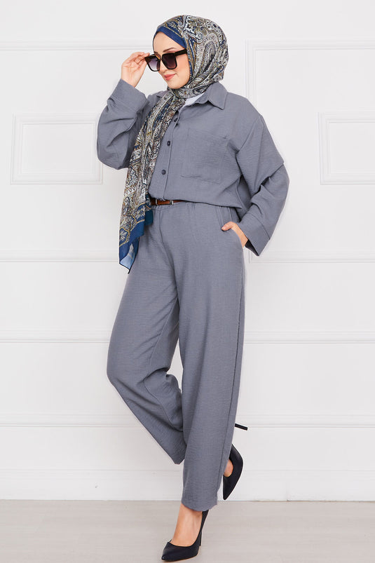 Grau Leinen Modest Anzug Mit Taschen