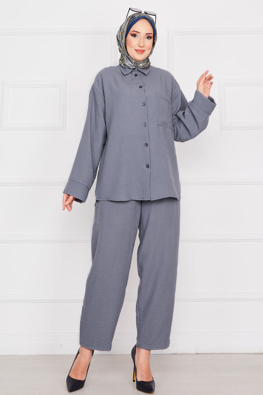 Grau Leinen Modest Anzug Mit Taschen
