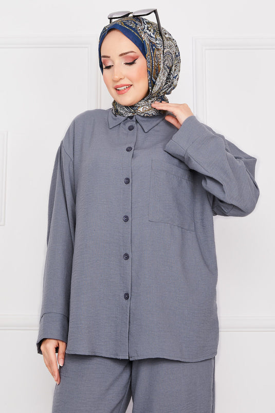 Grau Leinen Modest Anzug Mit Taschen