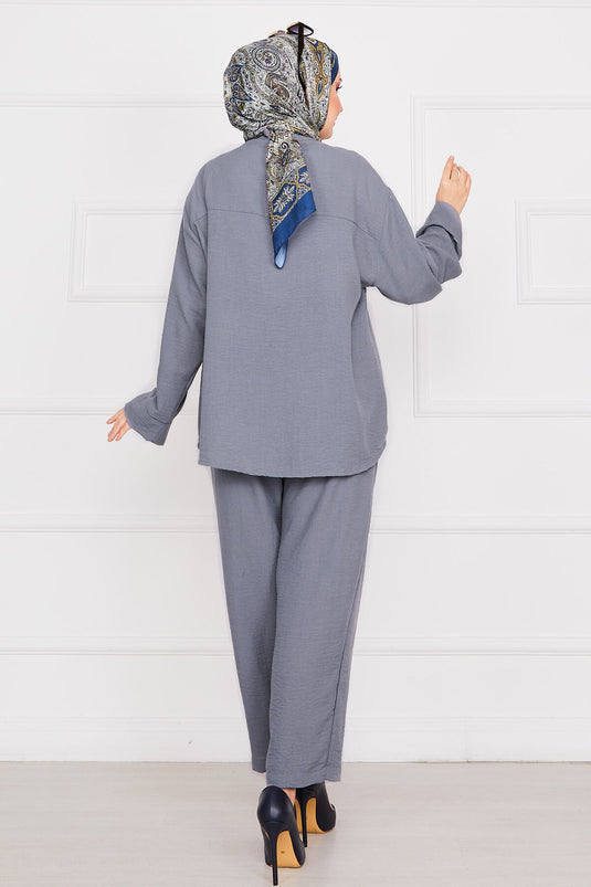 Grau Leinen Modest Anzug Mit Taschen