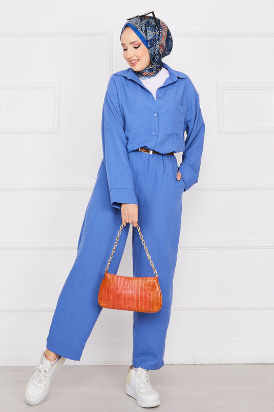 Abito hijab in lino con dettaglio tasca indaco