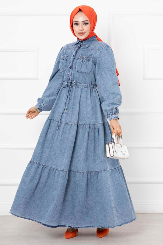 Detailed Pocket Denim Modest Dress Light Black