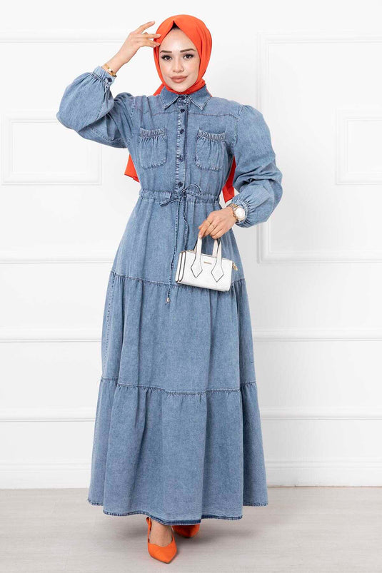 Detailed Pocket Denim Modest Dress Light Black