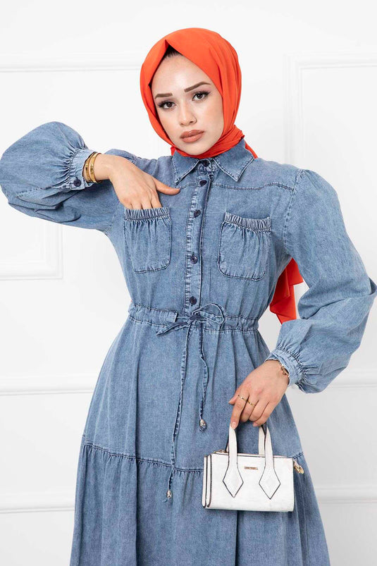 Detailed Pocket Denim Modest Dress Light Black