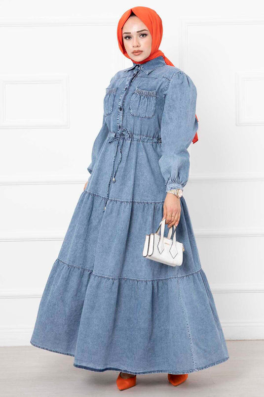 Detailed Pocket Denim Modest Dress Light Black