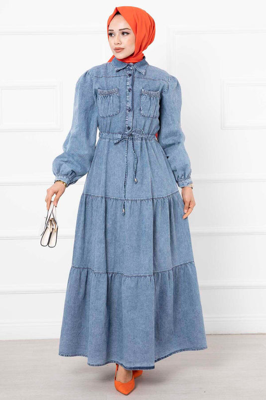 Detailed Pocket Denim Modest Dress Light Black