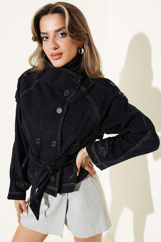 Navy Belted Jacket With Pockets