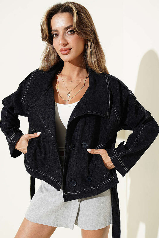 Navy Belted Jacket With Pockets