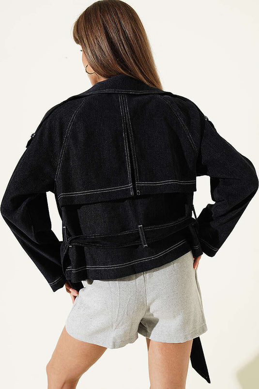 Navy Belted Jacket With Pockets