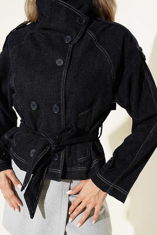 Navy Belted Jacket With Pockets