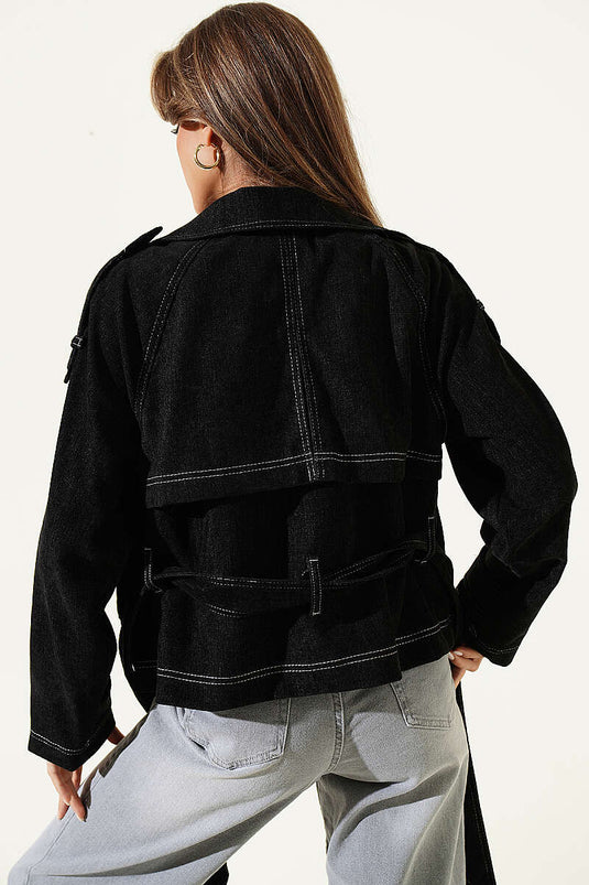Giacca Nera Con Cintura E Tasche