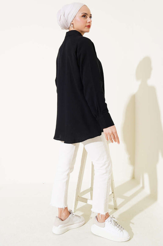 Muslin-shirt met zakdetail, zwart