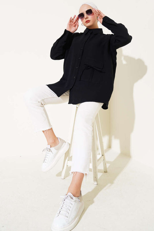 Muslin-shirt met zakdetail, zwart