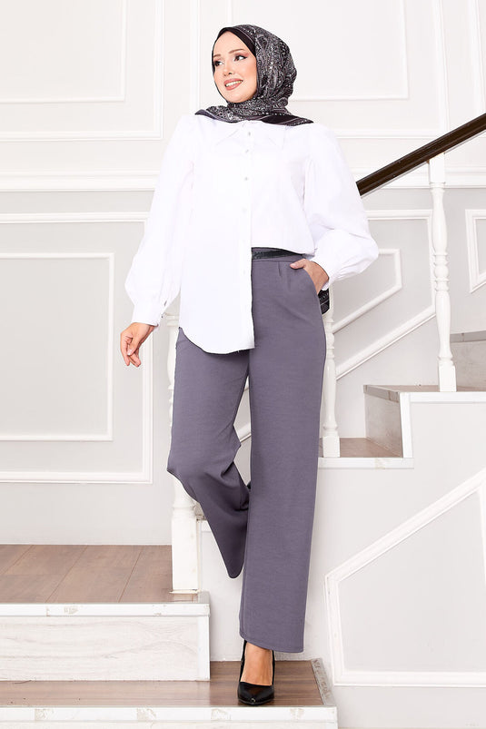 بنطلون بالازو مطوي مع تفاصيل جيوب باللون الرمادي