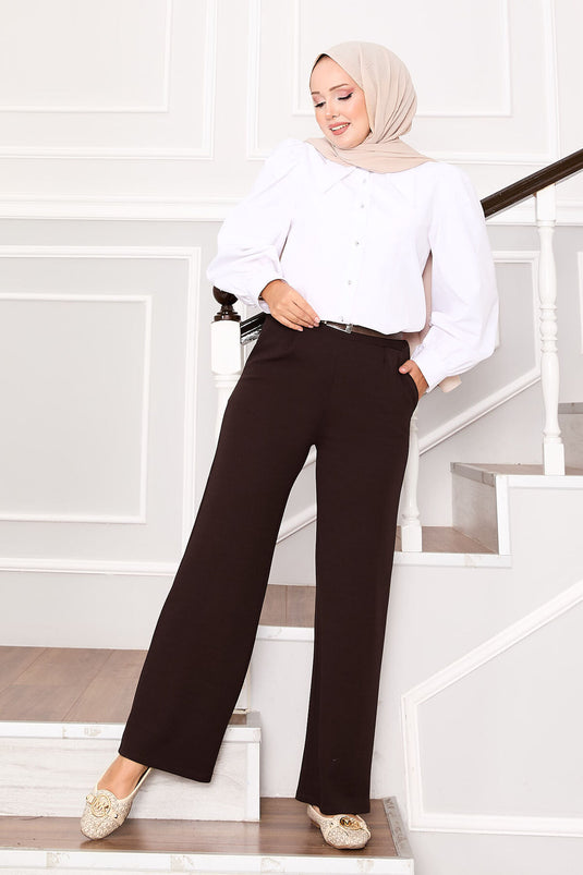 Cep Detaylı Pileli Palazzo Pantolon Kahve