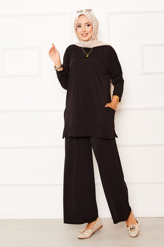 Combinaison deux pièces Sandy avec poches, noire