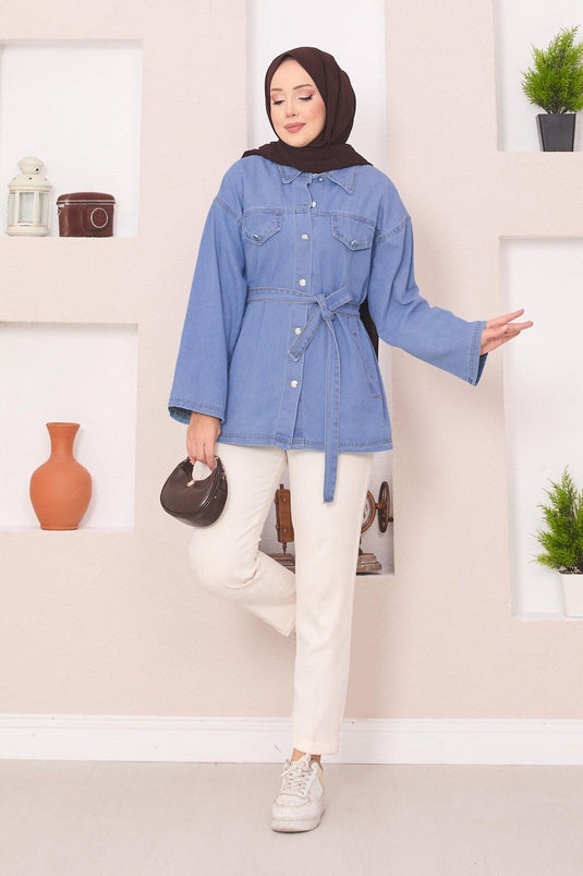 Denim Jacket with Pocket Detail and Removable Belt, Light Blue