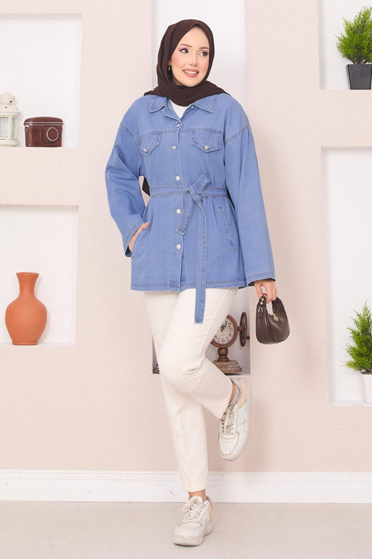 Denim Jacket with Pocket Detail and Removable Belt, Light Blue