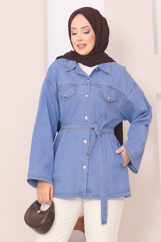 Denim Jacket with Pocket Detail and Removable Belt, Light Blue