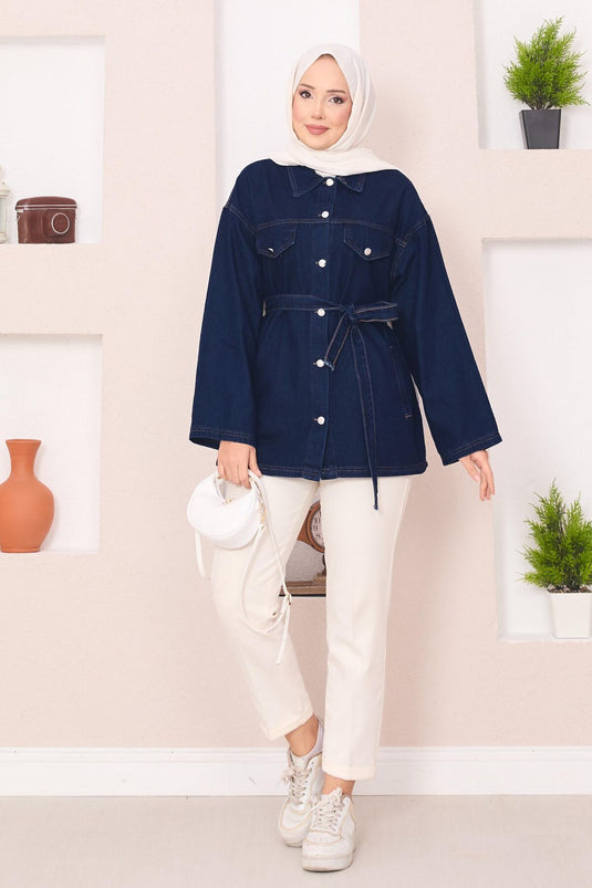 Denim Jacket with Pocket Detail and Removable Belt, Navy Blue