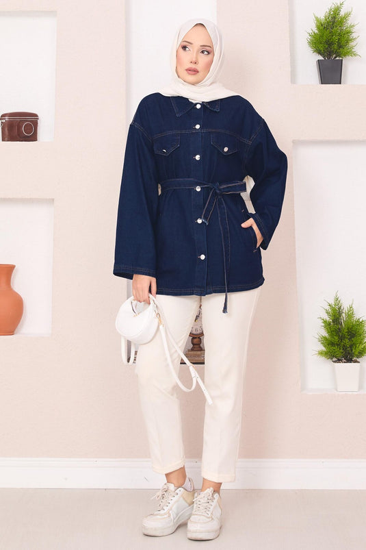 Denim Jacket with Pocket Detail and Removable Belt, Navy Blue