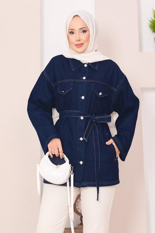 Denim Jacket with Pocket Detail and Removable Belt, Navy Blue