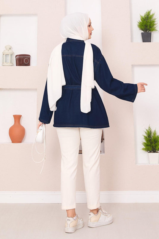 Denim Jacket with Pocket Detail and Removable Belt, Navy Blue
