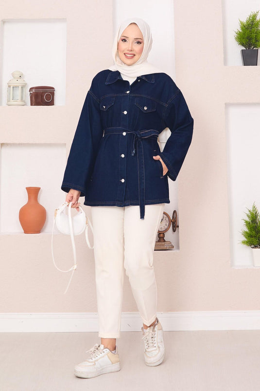 Denim Jacket with Pocket Detail and Removable Belt, Navy Blue